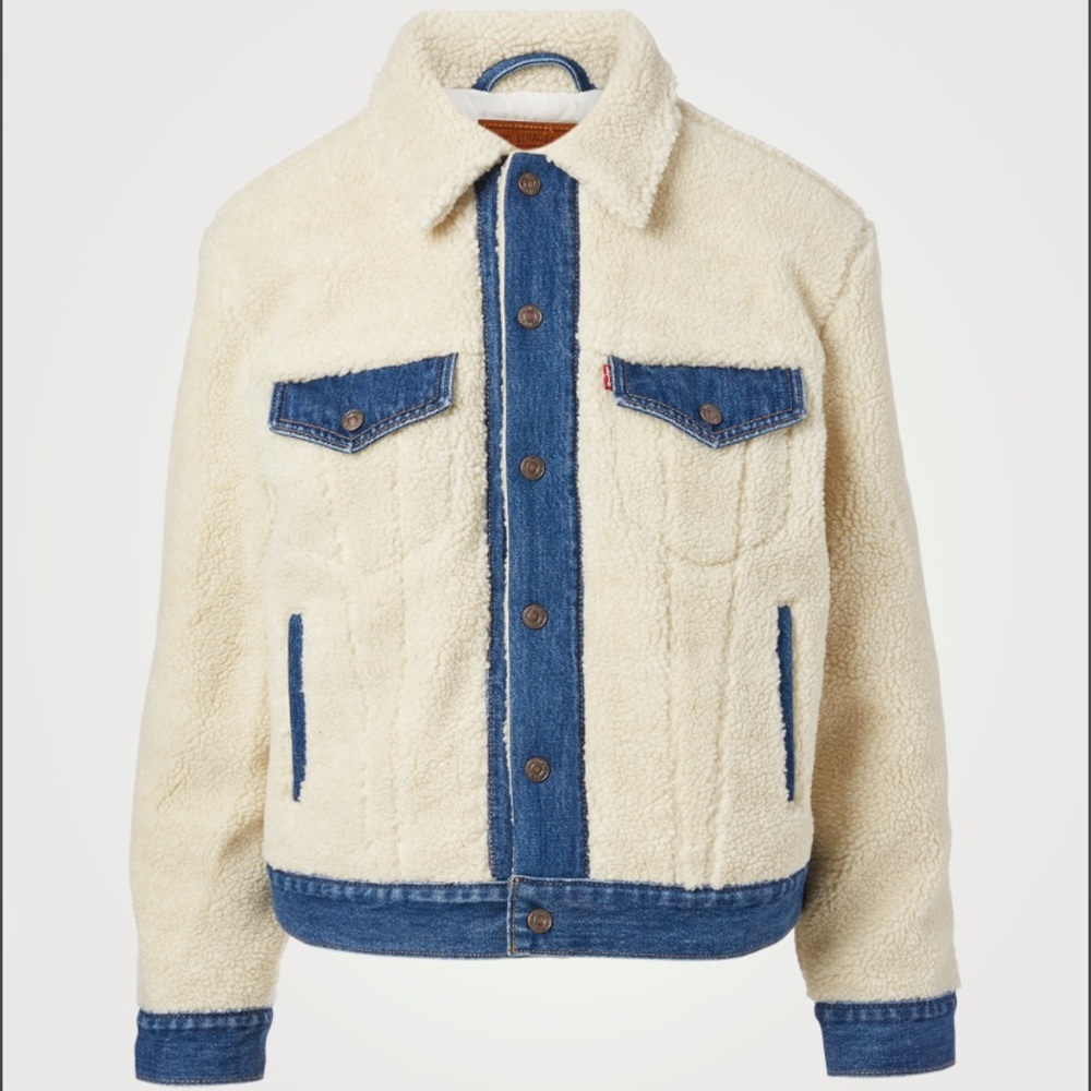Levi's Ex-Boyfriend Cream Sherpa Jacket with Blue Denim Trim